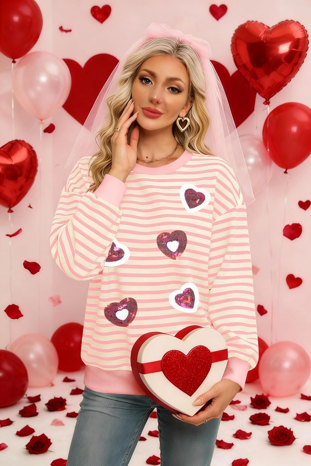 KIDDAD Valentine Sweatshirts for Women Love Heart Print Sweater Valentines Sequins Shirt Embroidered Striped Pullover