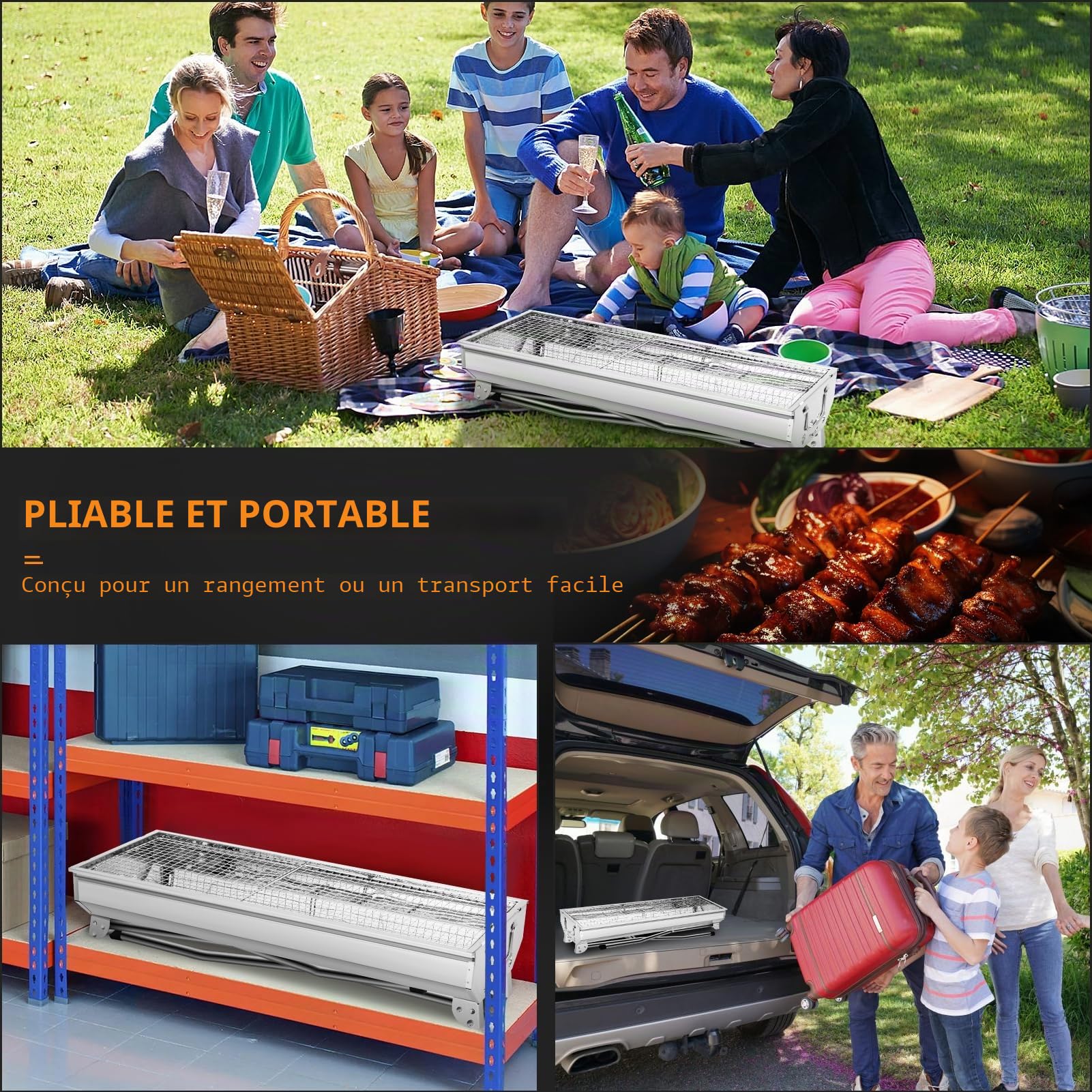 Barbecue au charbon de bois XXL - Portable - Barbecue pliable en acier inoxydable - Barbecue d'extérieur à charbon - Barbecue sur pied - Barbecue à charbon pliable (73 x 28 x 76 cm)