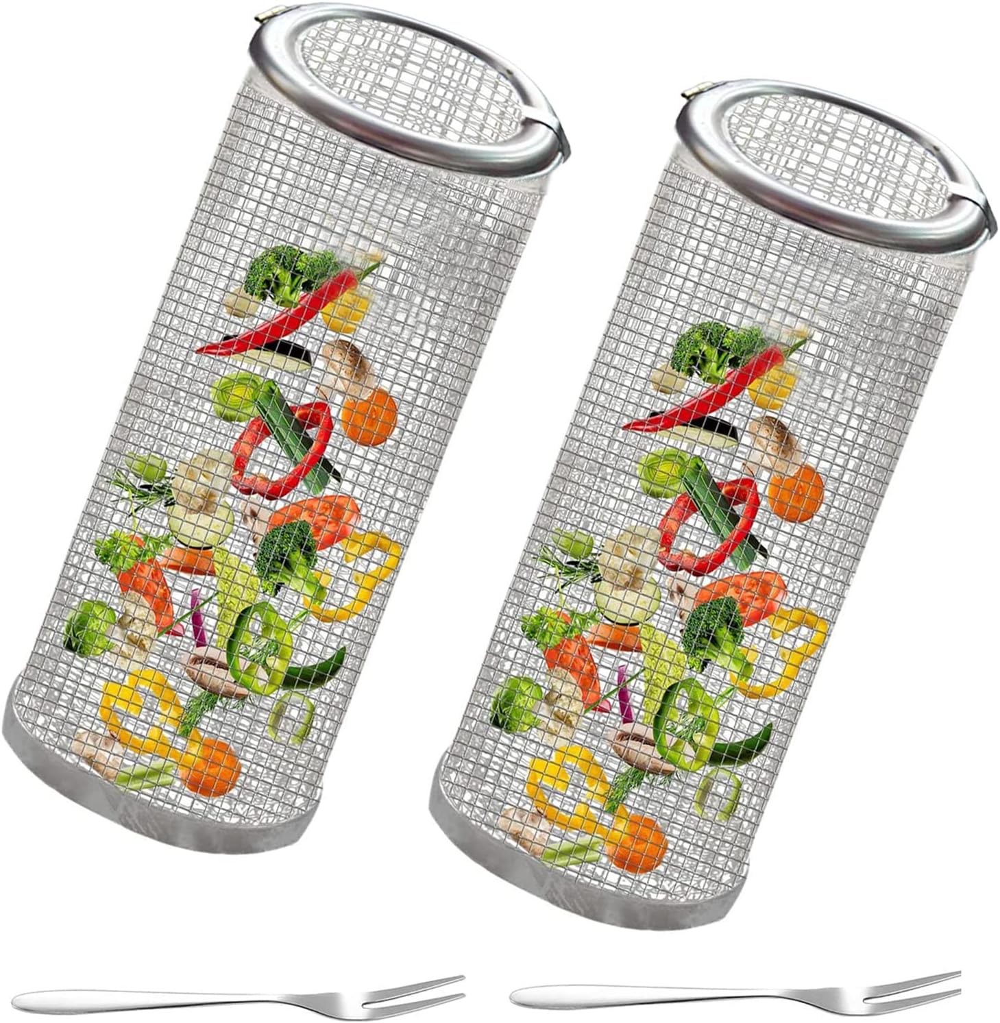 BBQ Rolling Grill Basket, Stainless Steel Wire Mesh Cylinder Grilling Basket Clamshell Design Outdoor Round BBQ Grill Mesh for Camping Picnic Cookware Grill Cooking Accessories