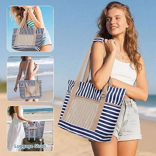 Miniatura 2 de Fasrom Bolsa de playa para mujer con cremallera, bolsa de playa impermeable con compartimento húmedo y seco y bolsa pequeña para piscina, natación,