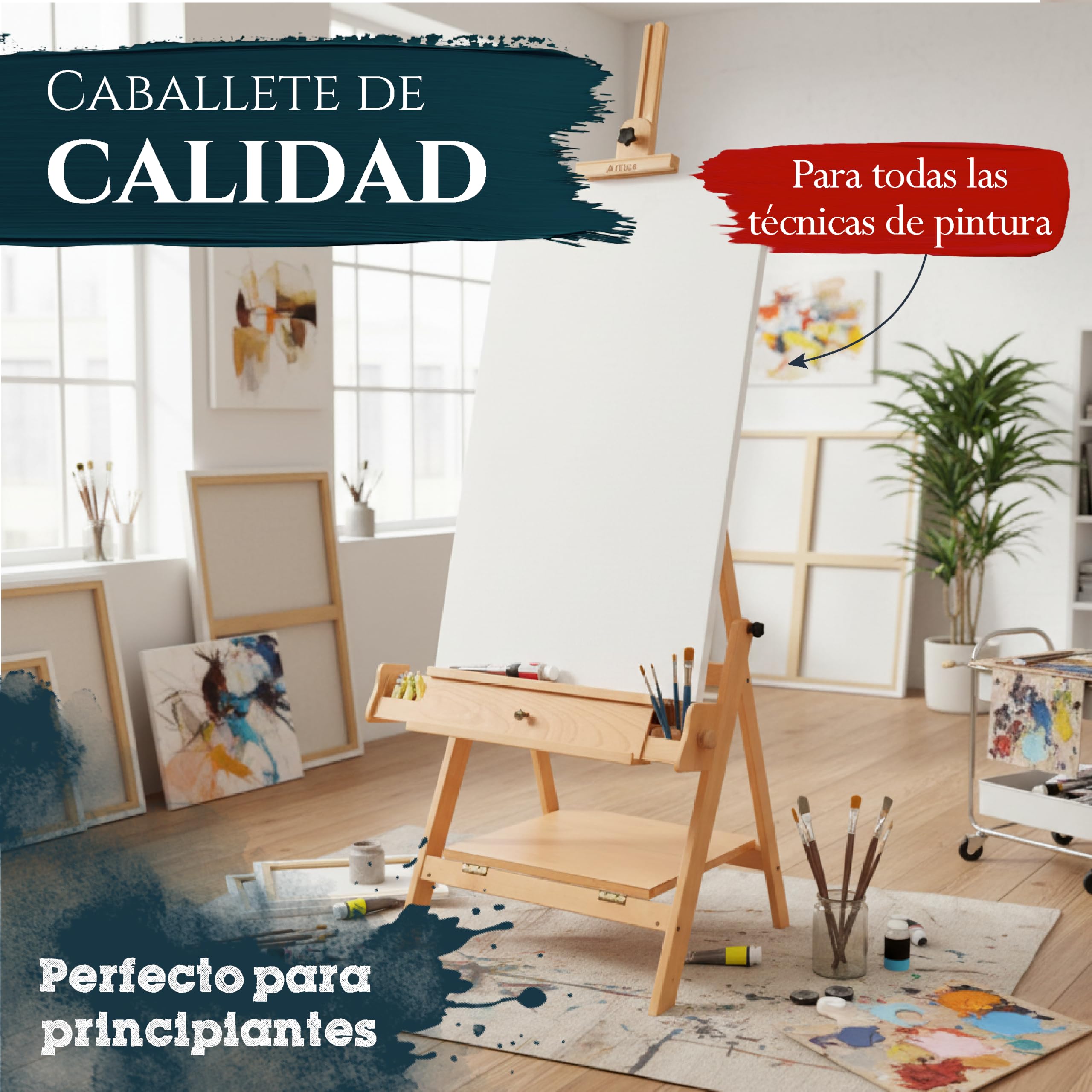 Artina caballete de pintura de estudio profesional para lienzos madera haya | maciza de plegable de altura regulable para hasta 150cm artista grande bastidor Napoli