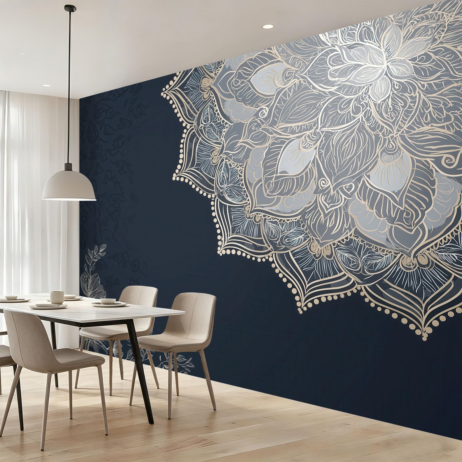 Fototapeta 250 x 175 cm ściany dekoracja salonu miłośnicy jogi etnicznej mandali geometryczne linie do sypialni salonu tapeta z włókniny, szary i niebieski