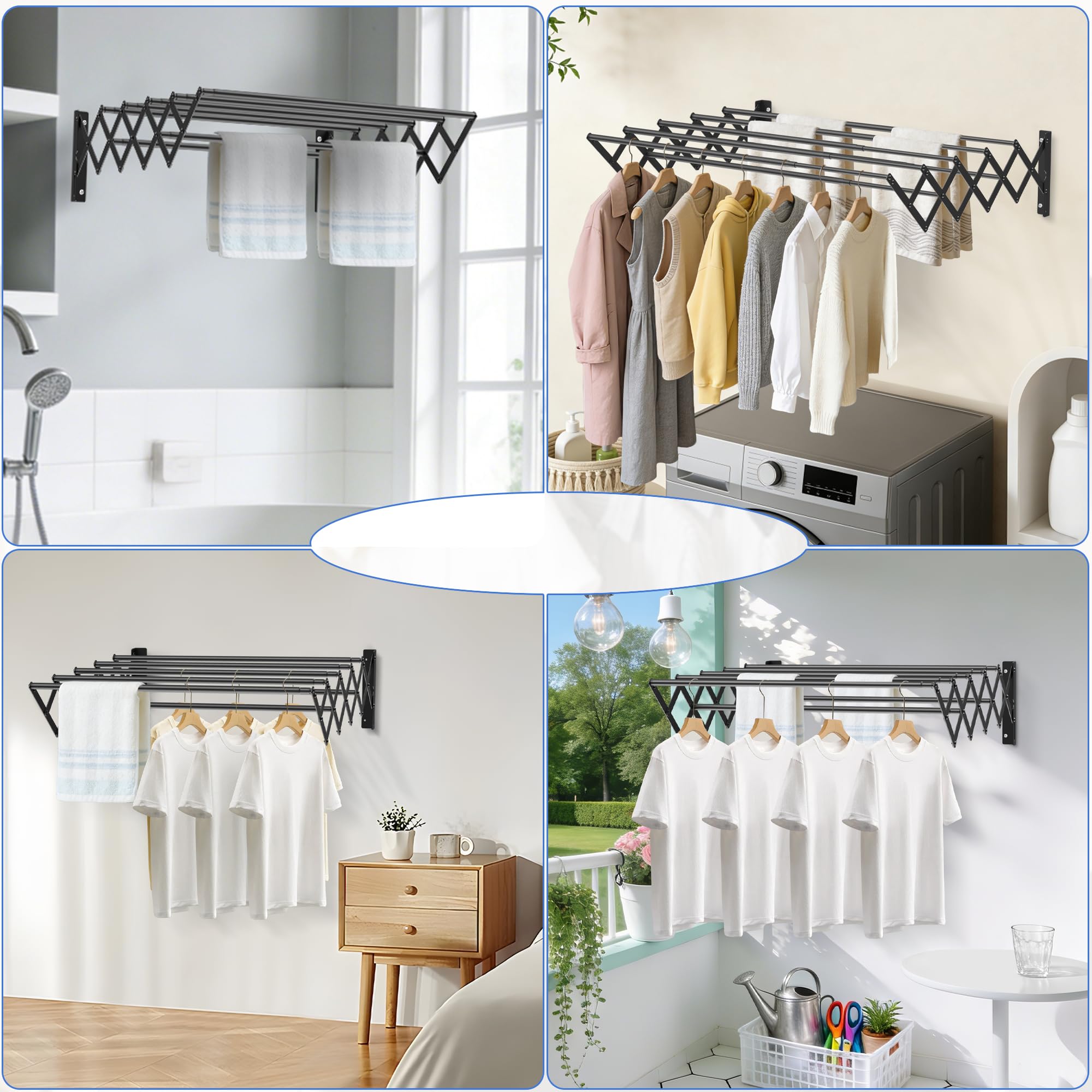 OUUTMEE Étendoir à linge mural extensible | Porte-serviettes pliable en acier inoxydable | 42 à 80 cm | Étendoir à linge rétractable pour intérieur ou extérieur, salle de bain, balcon, noir, taille M