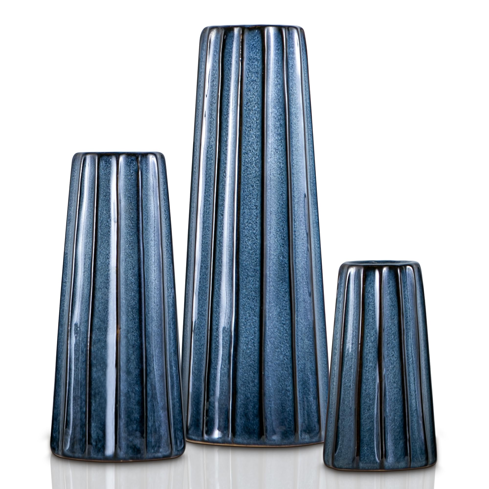 Mowtanco Blue Ceramic Vases - 3 Small, Medium, Large Ribbed Vases for Flowers, Modern Minimalist Home Decor, Decorative Pottery Glazed Vases for Bookshelves, Fireplaces, Entryways, Dining Tables