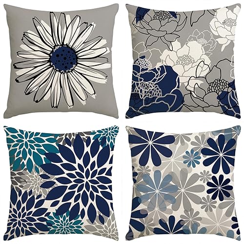 Juego de 4 fundas de almohada decorativas de 18 x 18 pulgadas, color azul y gris, fundas de almohada modernas con diseño floral de margaritas para