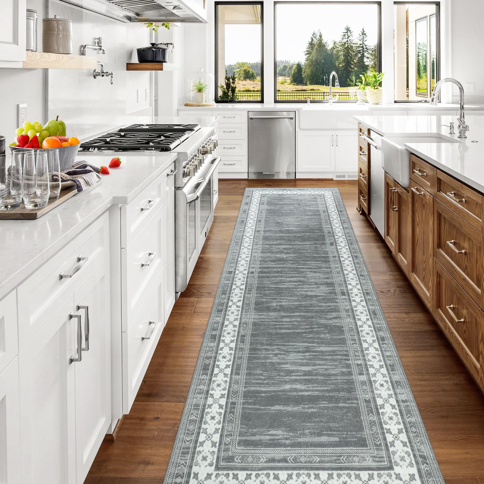 Läufer Teppich für Flur Waschbarer Kurzflor Teppich mit rutschfestem Gummirücken Modern Küchenläufer für Eingangsbereich, Waschküche & Wohnhausflur 80x300cm