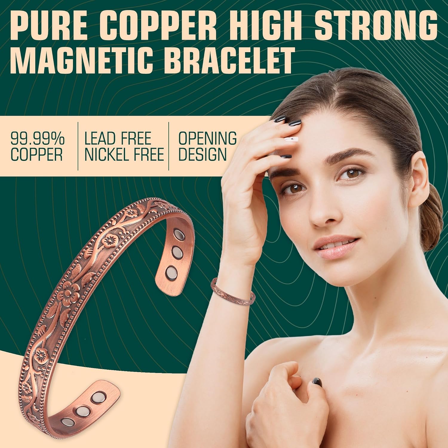 Vintage Flower Copper Bracelet and Ring,99.9% Pure Copper 3500 Gauss Strong Magnets - Image 2