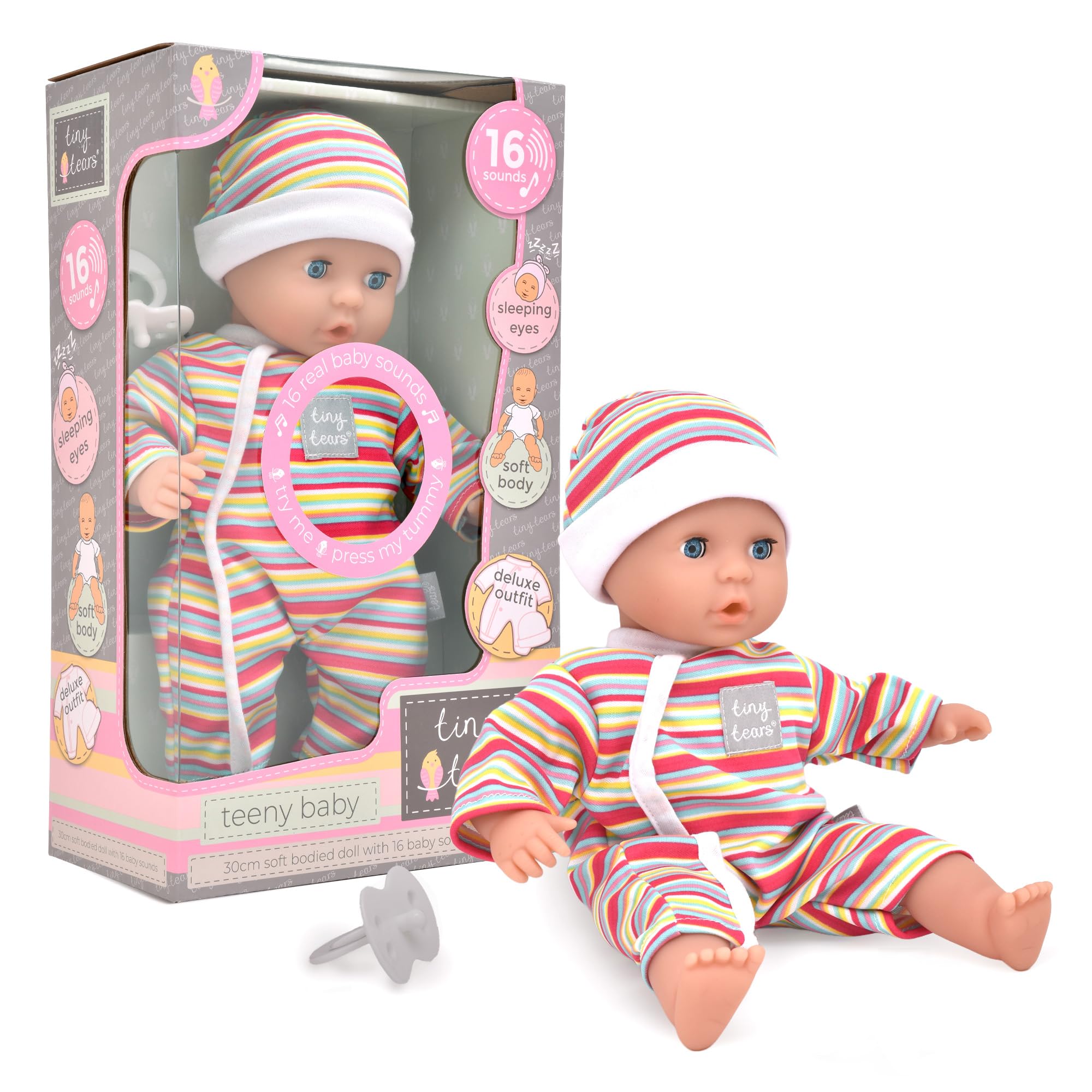 John Adams | Tiny Tears - Teeny Baby - 30cm soft bodied doll with 16 interactive sounds: One of the UK's best loved doll brands! | Nurturing Dolls | Ages 10m+