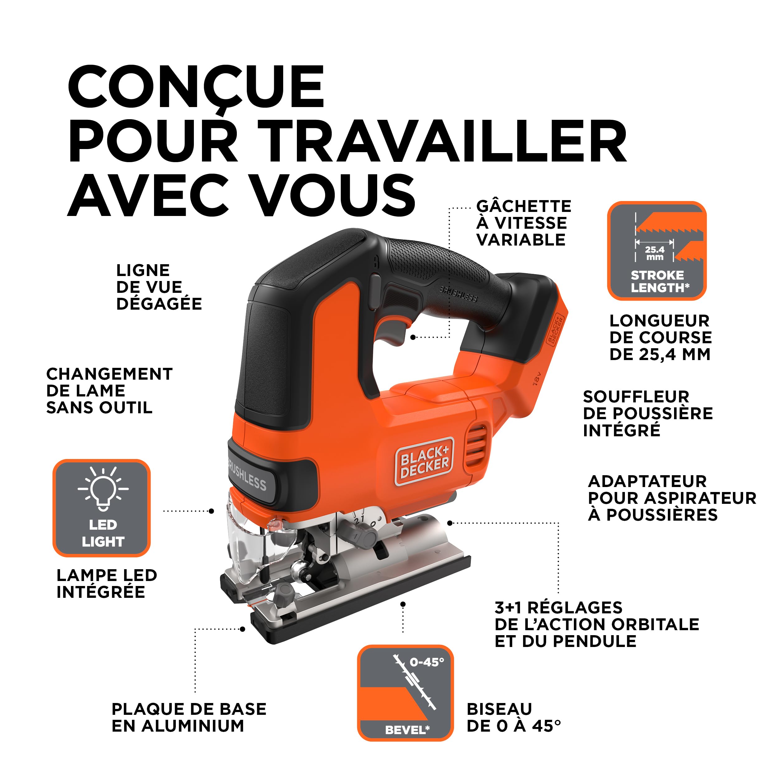BLACK+DECKER Scie sauteuse sans fil Brushless, outil seul 18V, avec 6 lames, batterie non incluse, BLCJS78NZ-XJ