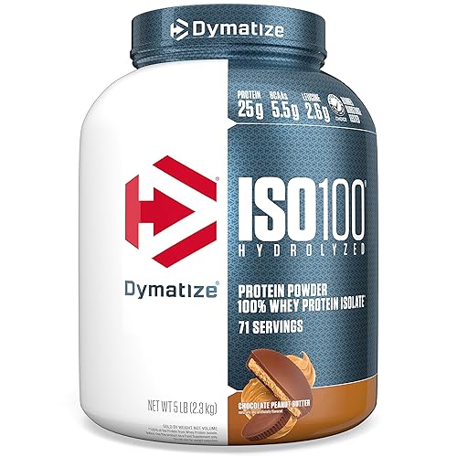 Dymatize ISO100 Whey Protein Powder Isolate, Chocolate Peanut Butter, 25g of Protein, 5 Pound, 5.5g BCAAs, Less Than 120 Cal., Gluten Free, 1g Fat, 1g Sugar, 2g Carb (71 Servings) - Chocolate Peanut Butter - 5 Pound (Pack of 1)