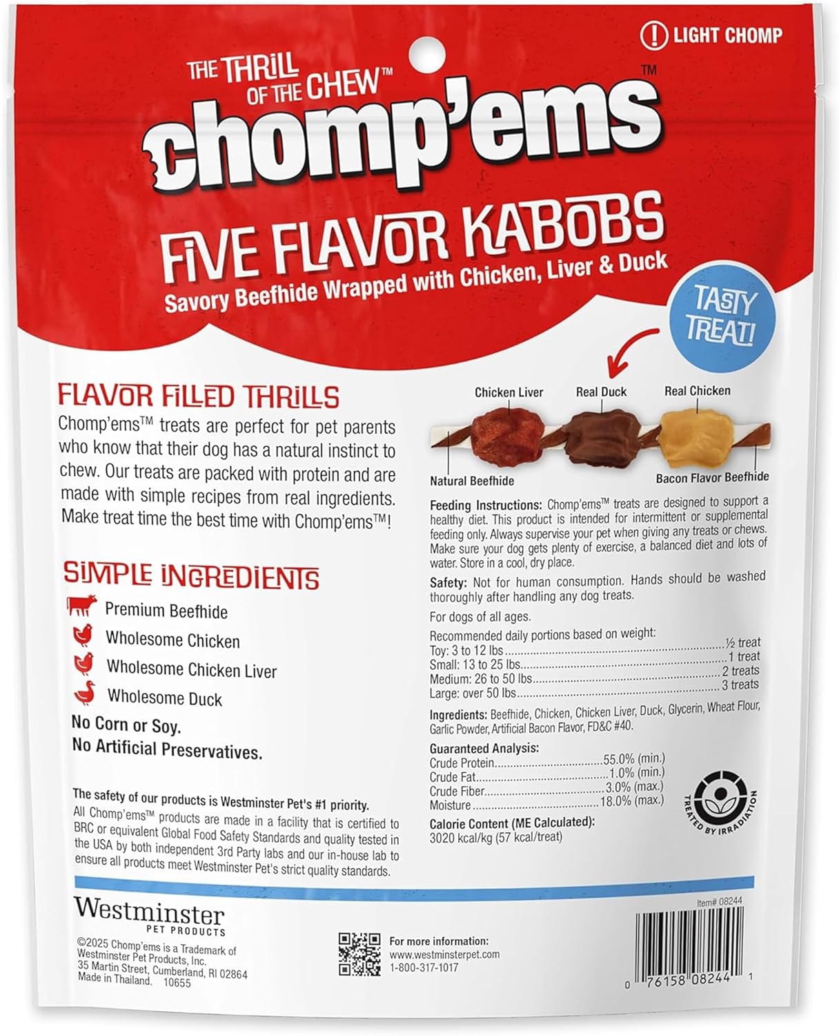 CHOMP 'EMS Five Flavor Kabobs Dog Treats - Beefhide Chewstick - High Protein Dog Chews, 24 Count, 16 oz,454g