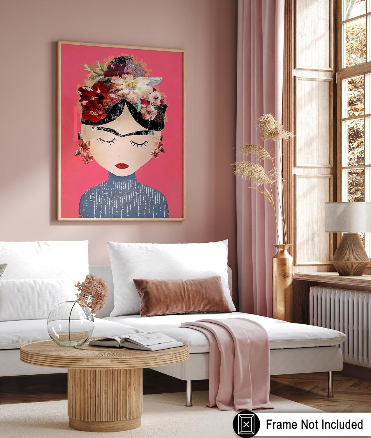 Poster Master Frida Print - Pink Version Portrait Poster - Magic Realism Art - Artistic Floral Design - Gift for Men & Women - Aesthetic Decor for Living Room or Office - 8x10 UNFRAMED Wall Art