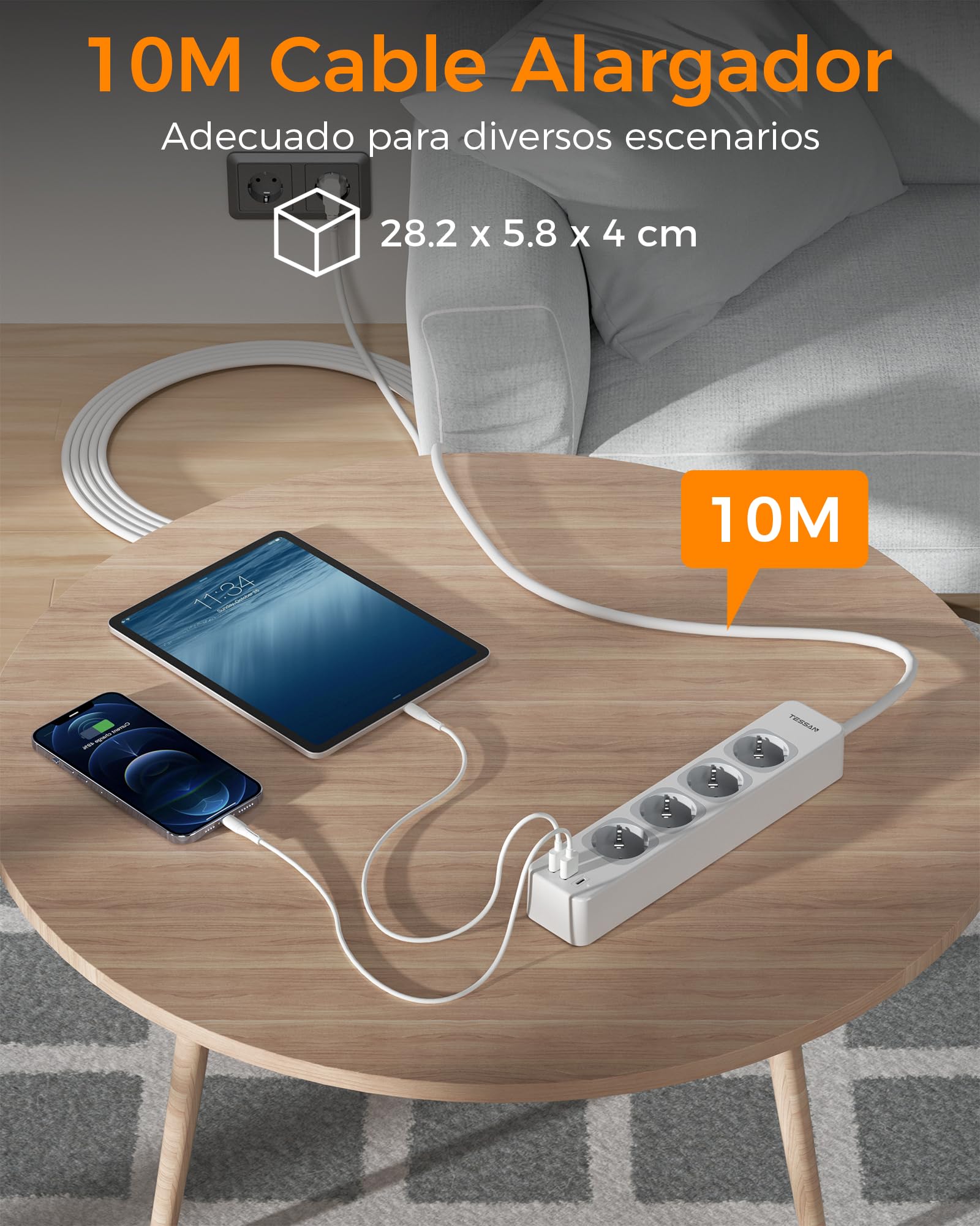TESSAN Regleta Enchufes 7 en 1 con USB C y USB A, 4 Tomas, 10 Metros