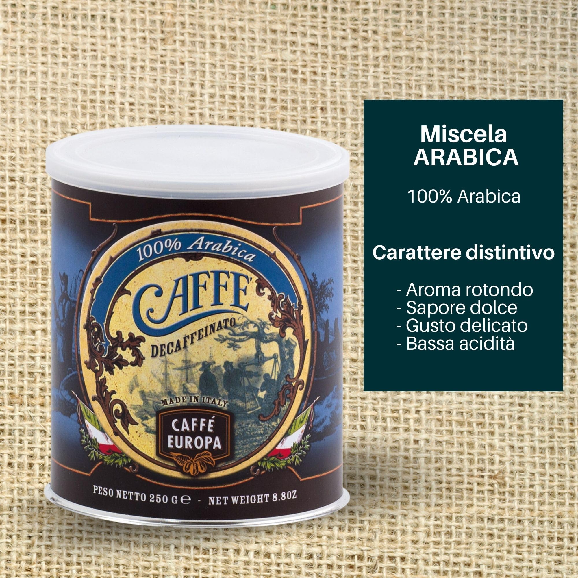 Caffè Europa - Caffe Macinato ottenuto attraverso Tostatura Artigianale, Caffe Cremoso Miscela Arabica, 4x250g (Decaffeinato Barattolo)