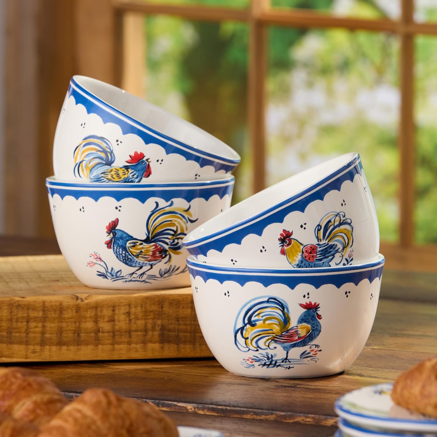 French Rooster Ceramic ICE CREAM/DESSERT BOWLS, SET OF 4, 5.25 x 3 inch bowls with cobalt borders and classic rooster motifs, perfect for desserts, snacks, fruit, French farmhouse décor