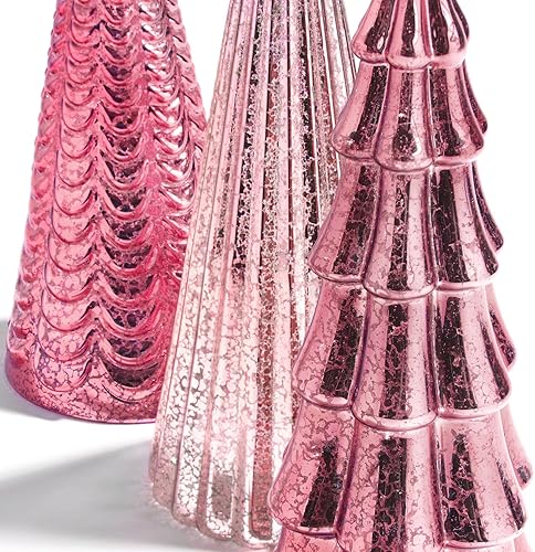 Miniatura 3 de Decoración de árbol de Navidad de cristal rosa con luces, juego de 3 árboles de Navidad decorativos, acabado de vidrio de mercurio, árboles de