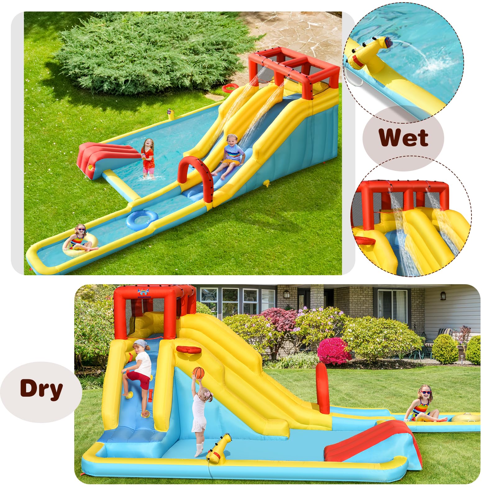 LIFEZEAL Castillo Hinchable Acuático para Niños, Parque Inflable con Doble Tobogán, Casa Infantil de Rebote con Pared de Escalada, Pistola de Agua, Anillos de Natación para 3-10 Años (sin soplador)