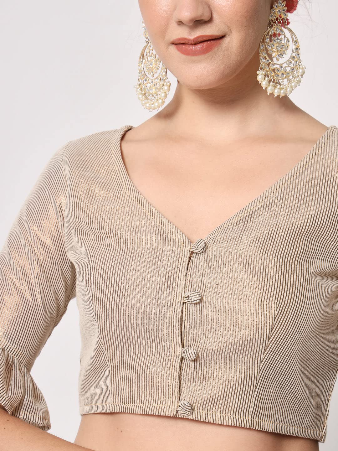 studio rasa Women's Silk Shimmer Stripe Button Down Fitted Crop Top for Festive Wedding Party (TPWC12312XL_Gold_X-Large) 2
