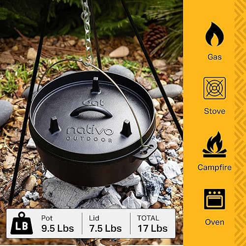 Miniatura 5 de Nativo Olla de campamento de horno holandés olla de cocción de hierro fundido con patas tapa reversible 6 cuartos de galón