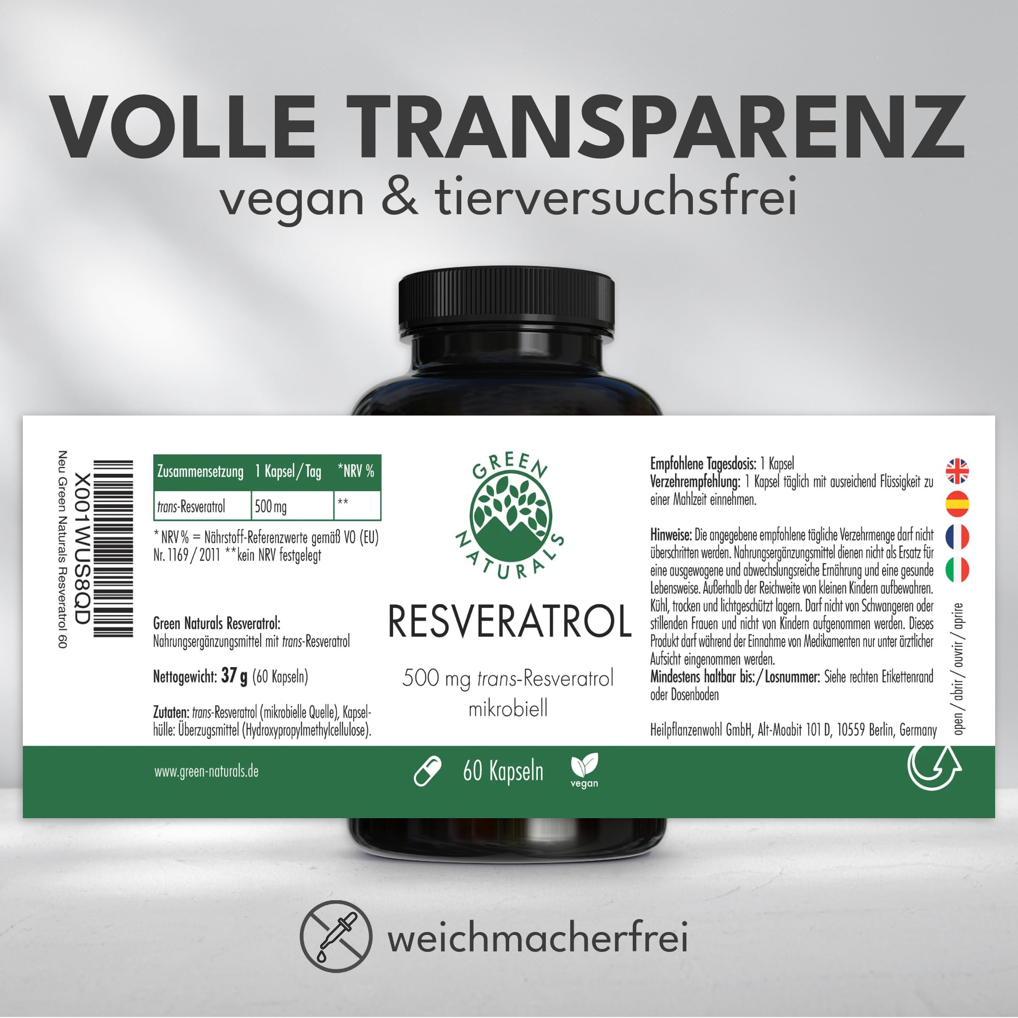 Green Naturals® Trans-Resveratrol 500mg – 60 Kapseln | Reinheit: >98% · 2-Monate · Aus Hefefermentation · Vegan & ohne Zusätze