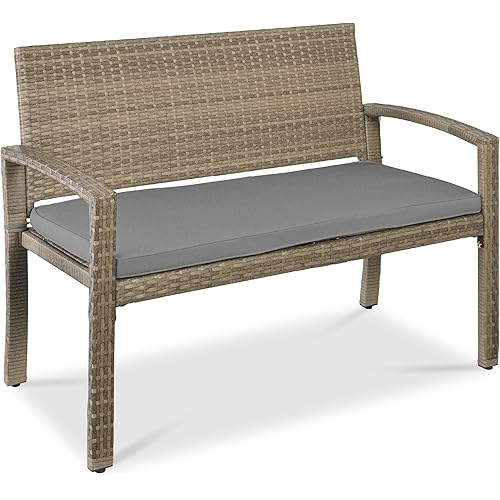 Best Choice Products Outdoor Bench 2-Person Wicker Garden Patio Benches Seating Furniture for Backyard, Porch w/Seat Cushion, 700lb Capacity - Cement Gray/Taupe