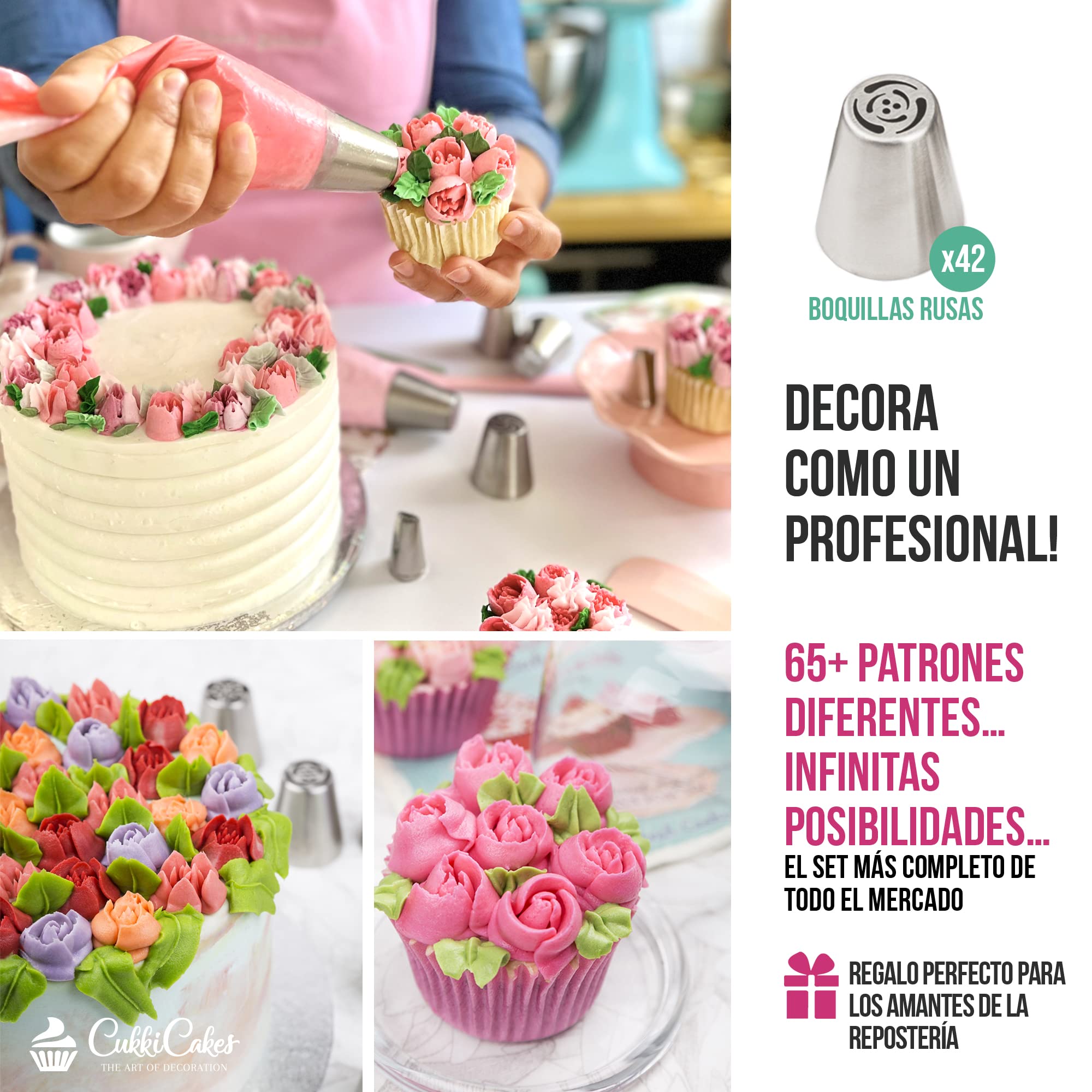 Boquillas Rusas de Repostería - Set Decoración de Cupcakes y Tartas (92pcs): 65 Boquillas + 20 Mangas Pasteleras Desechables + Bolsa Silicona Reutilizable + 4 Adaptadores + Accesorios