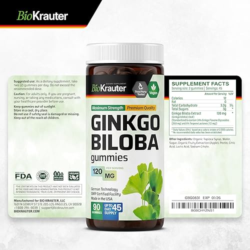 Miniatura 9 de MAUWE HERBS Gomitas de extracto de Ginkgo Biloba - Soporte cerebral y de memoria - Extracto estandarizado de ginkgo biloba orgánico de 120 mg - 90