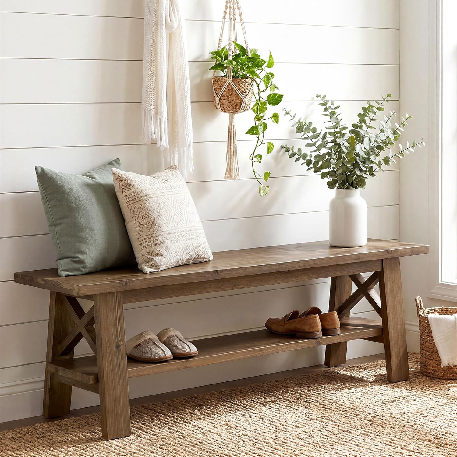 Solid Wood Entryway Shoe Bench, Farmhouse Entryway Bench with Storage Shelf, Long End of Bed Bench with X-Shape Legs for Living Room, Bedroom, Hallway, Foyer, Easy Assembly