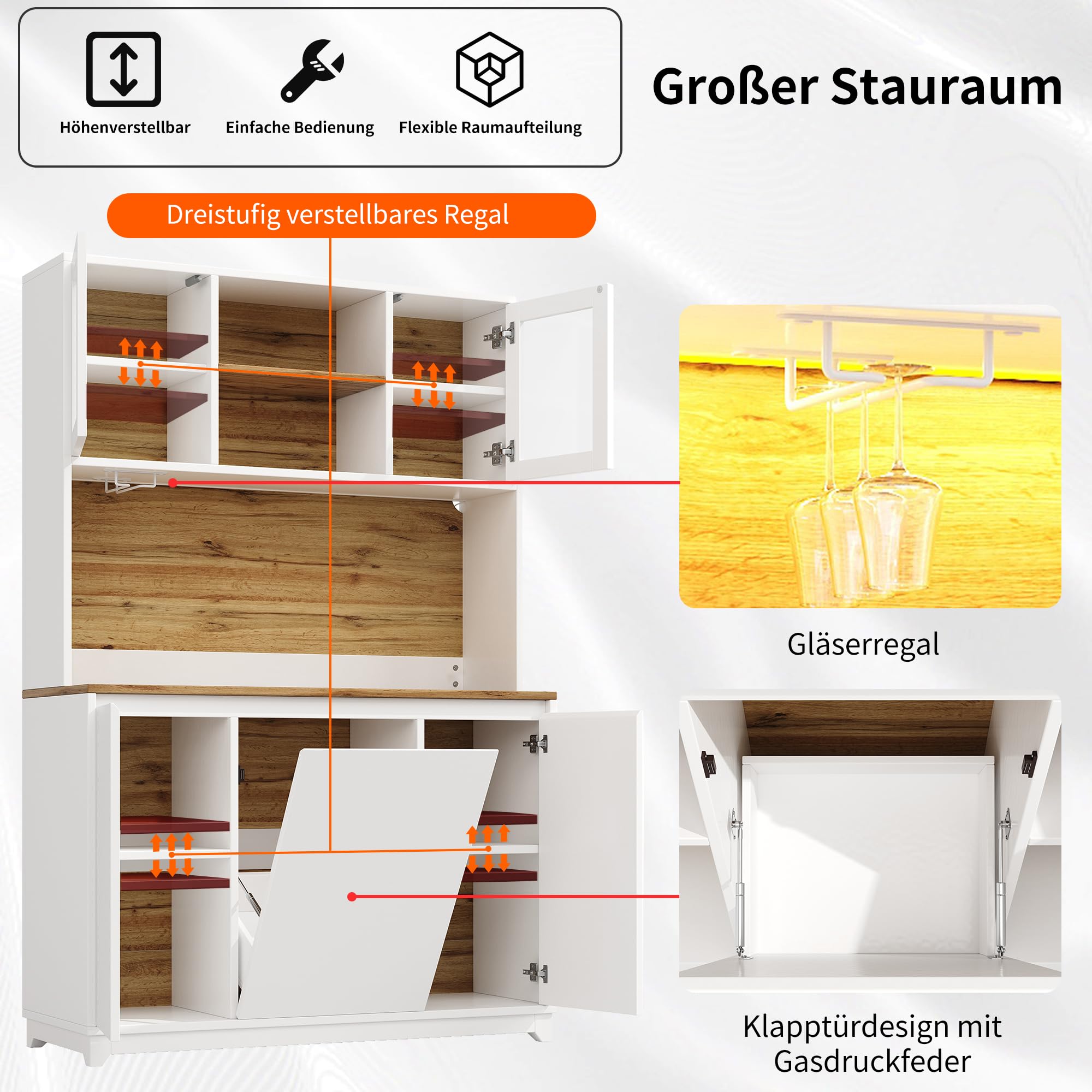 Modern Küchenschränke mit LED-Beleuchtung und Sideboards, Buffetschrank mit Acryltüren und Staufächer, Hochschrank mit Offene Ablagen, Weiß-A, 120x40x180 cm