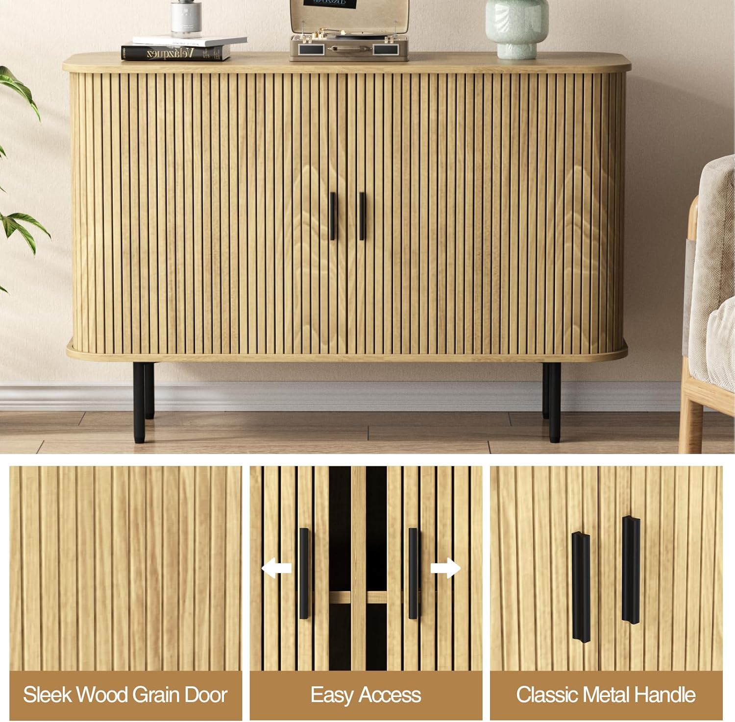 Vabches 47''W x 32''H Storage Cabinet, Fluted Sideboard Buffet Accent Cabinet with Storage, Console Table Credenza with Tambour Slatted Sliding Doors and Shelves for Living Room, Kitchen, Natural