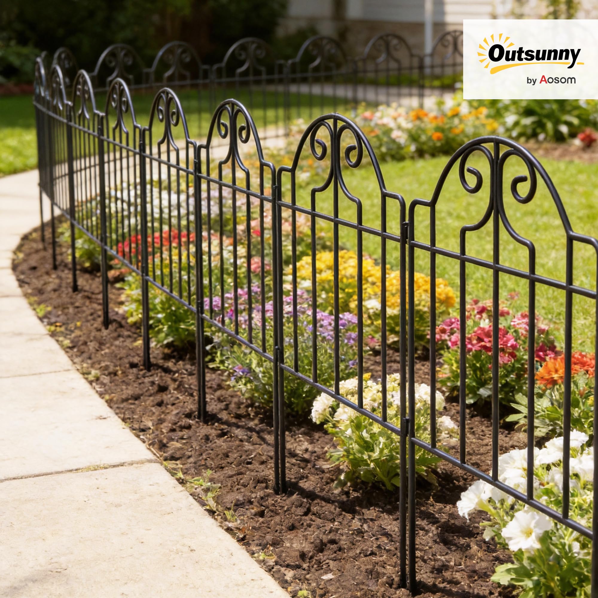 Outsunny Set de 4 Vallas de Jardín de Metal, 125x57 cm, Vallas de Jardín Exterior Decorativas con Diseño Arqueado, Resistente y Fácil de Instalar, para Huerto, Patio, Terraza, Césped, Negro