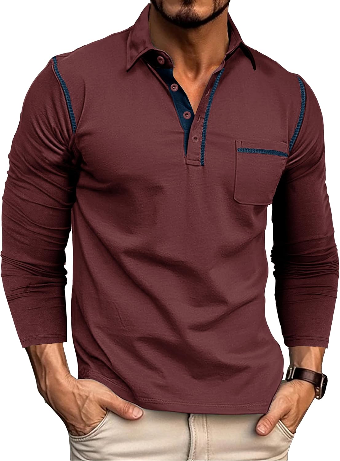 EDITCOZY Long Sleeve Polo Shirts for Men with Pocket Casual Cotton Button Down Collared Golf Shirts