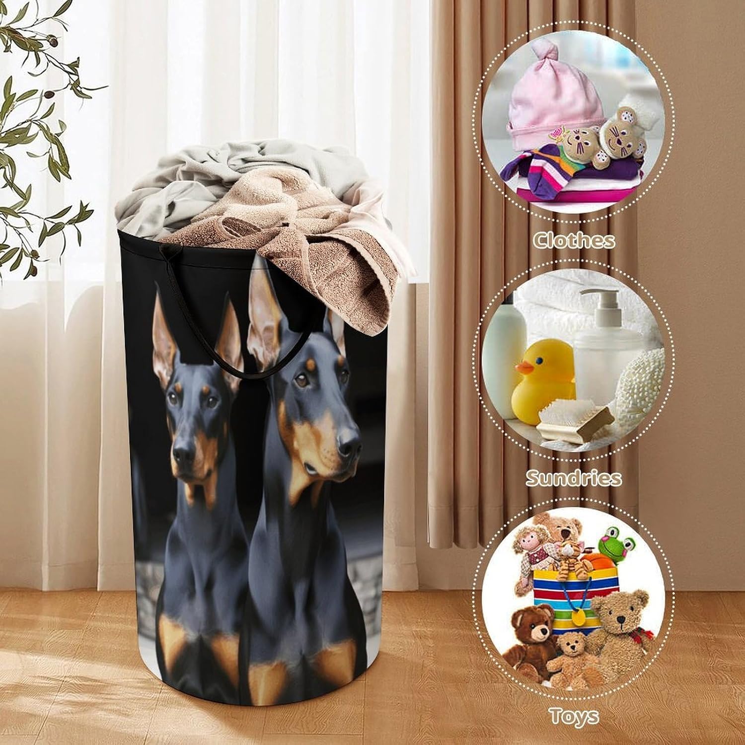 Doberman Laundry Hamper with Handles Waterproof Collapsible Laundry Basket Large Lightweight Round Dirty Clothes Hamper for Home Dorm Bathroom Decor