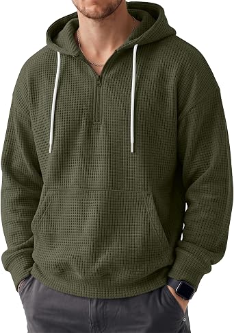 Locoowai Mens Quarter Zip Hoodie Waffle Knit Casual Pullover