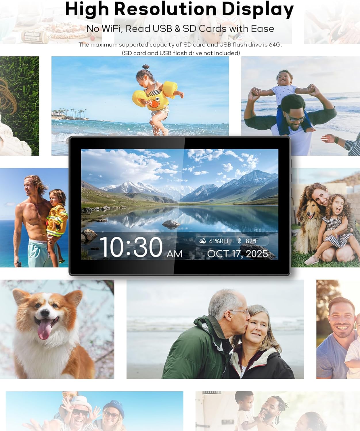 Mesqool Digital Clock displaying a family photo, surrounded by other personal photos.
