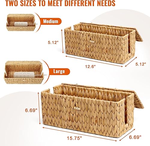 Miniatura 5 de Posprica Caja de Gestión de Cables con Tapa, Paquete de 2 Cajas Organizadoras Ocultadoras de Cables Tejidas a Mano de Jacinto de Agua Real, Caja de