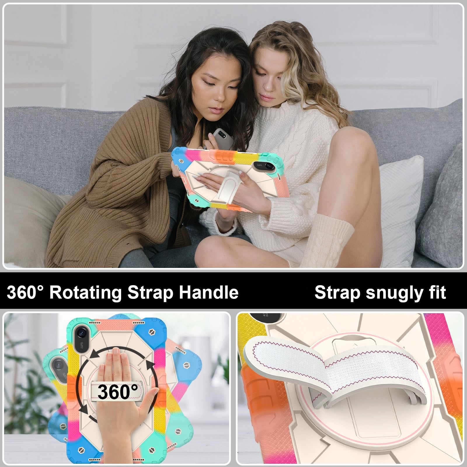 Do Xiaomi Redmi Pad 2 11 cali (2025) Odporna na wstrząsy, wytrzymała obudowa hybrydowa z silikonu obrotowym stojakiem 360°, silikonowa osłona poliwęglanu regulowanymi paskami ramię/nadgarstki(Blue 1)