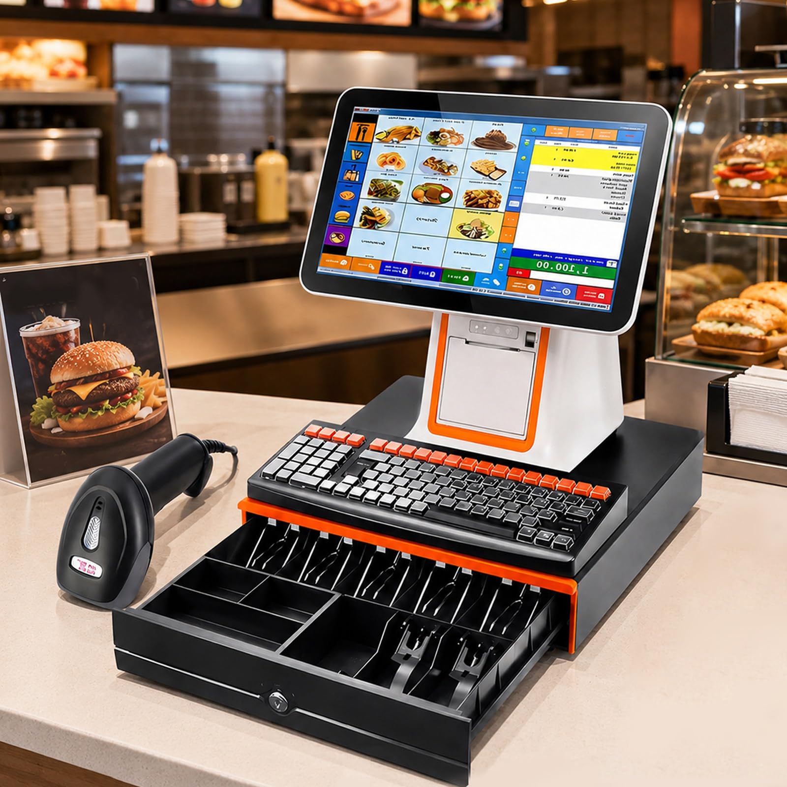 Pos System for Small Business, 15.6" Touch Screen Cash Register with Cash Drawer, Barcode Scanner, Built-In 58mm Receipt Printer, I5 8GB RAM 128GB SSD, For Retail Stores and Restaurants White