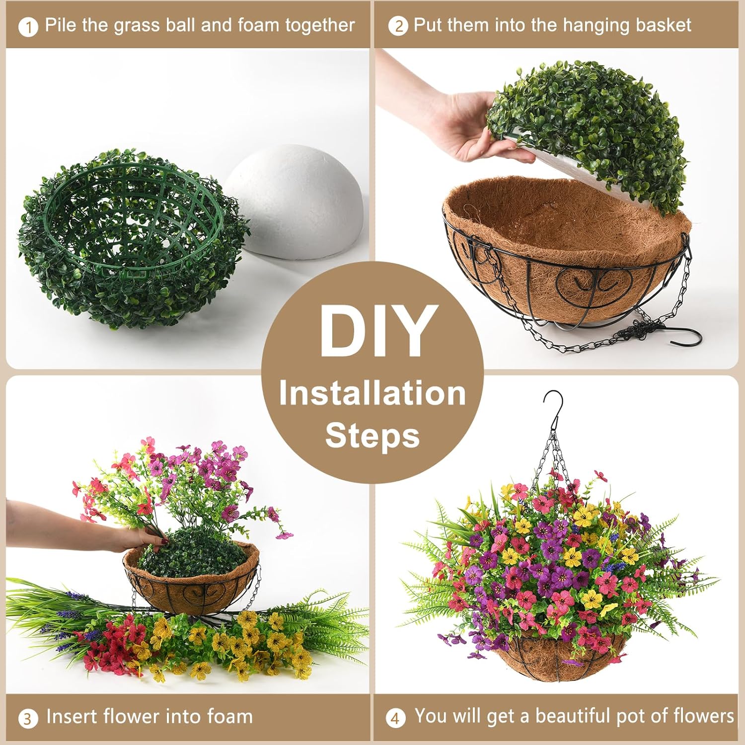 Artificial Faux Hanging Plants Flowers Basket for Spring Outdoor Outside Decoration, 12 Bundles Faux Silk Daisy and Ferns with Lavender UV Sun Resistant Look Real for Porch Home Patio Balcony Yard