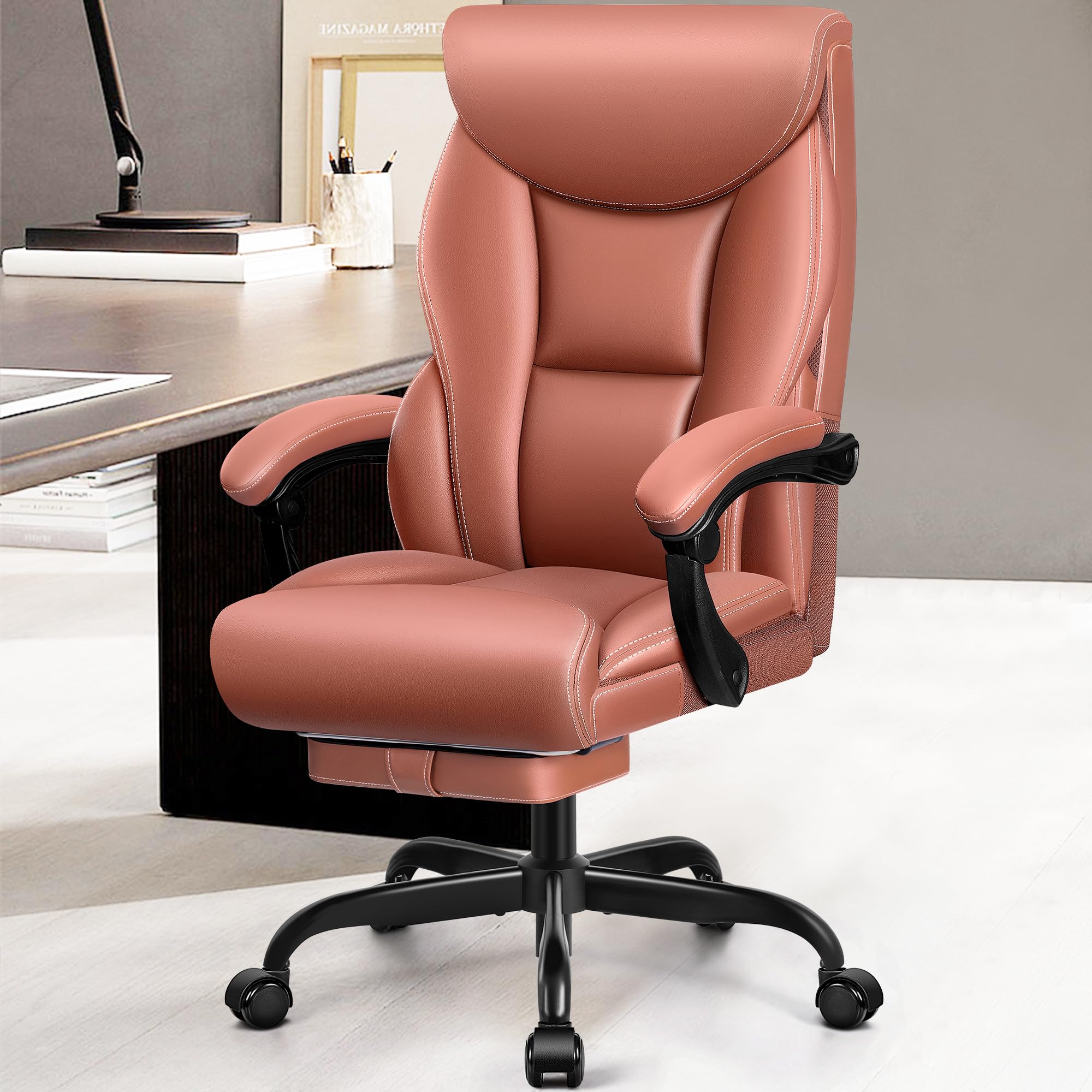 FelixKing Sedia da ufficio ergonomica in pelle PU, schienale alto, sedia da computer inclinabile con poggiapiedi, supporto lombare, regolabile in altezza (marrone opaco)