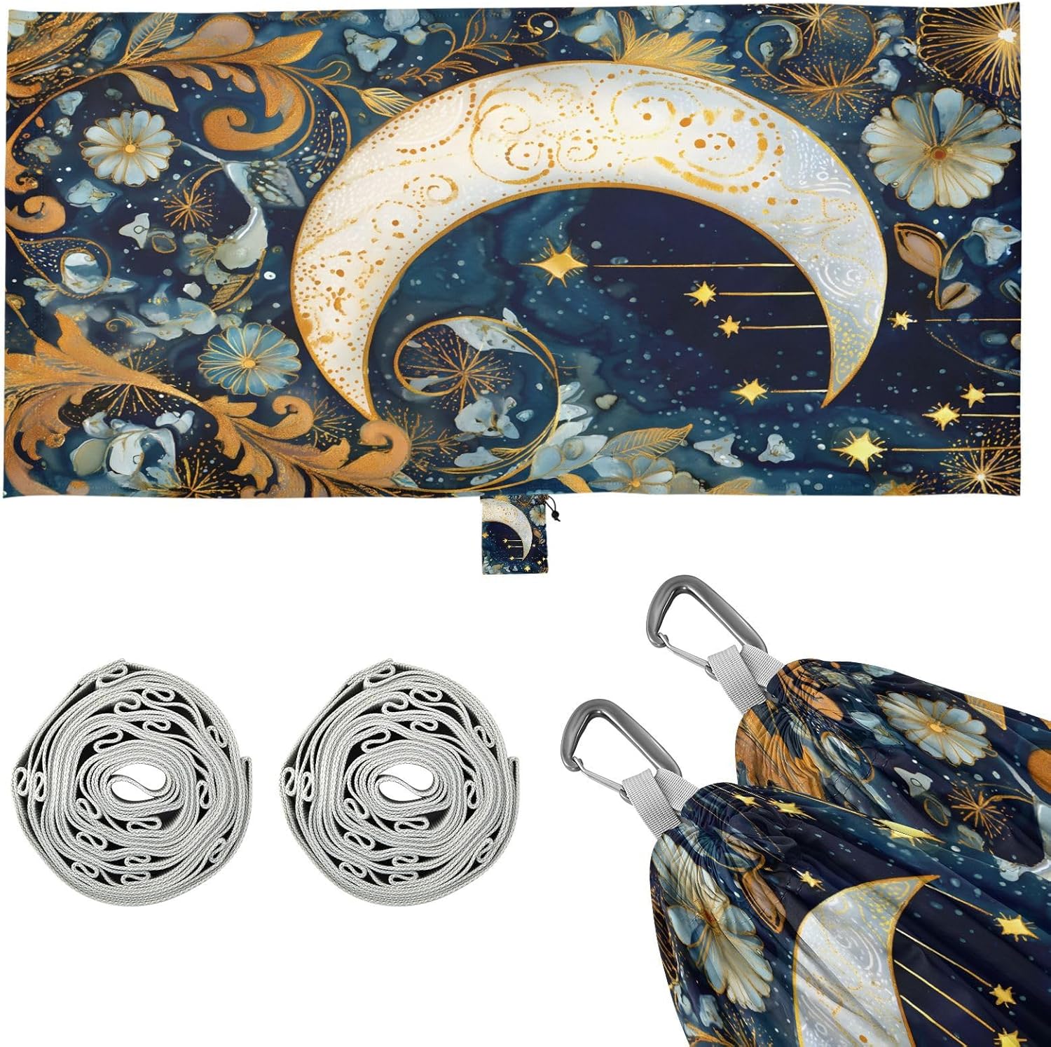 ALAZA Moon Star Witchy Art Camping Hammocks Single or 2 Person 500 lbs Portable Parachute Travel Hammock w/Tree Straps for Hiking Backpacking Indoor Outdoor