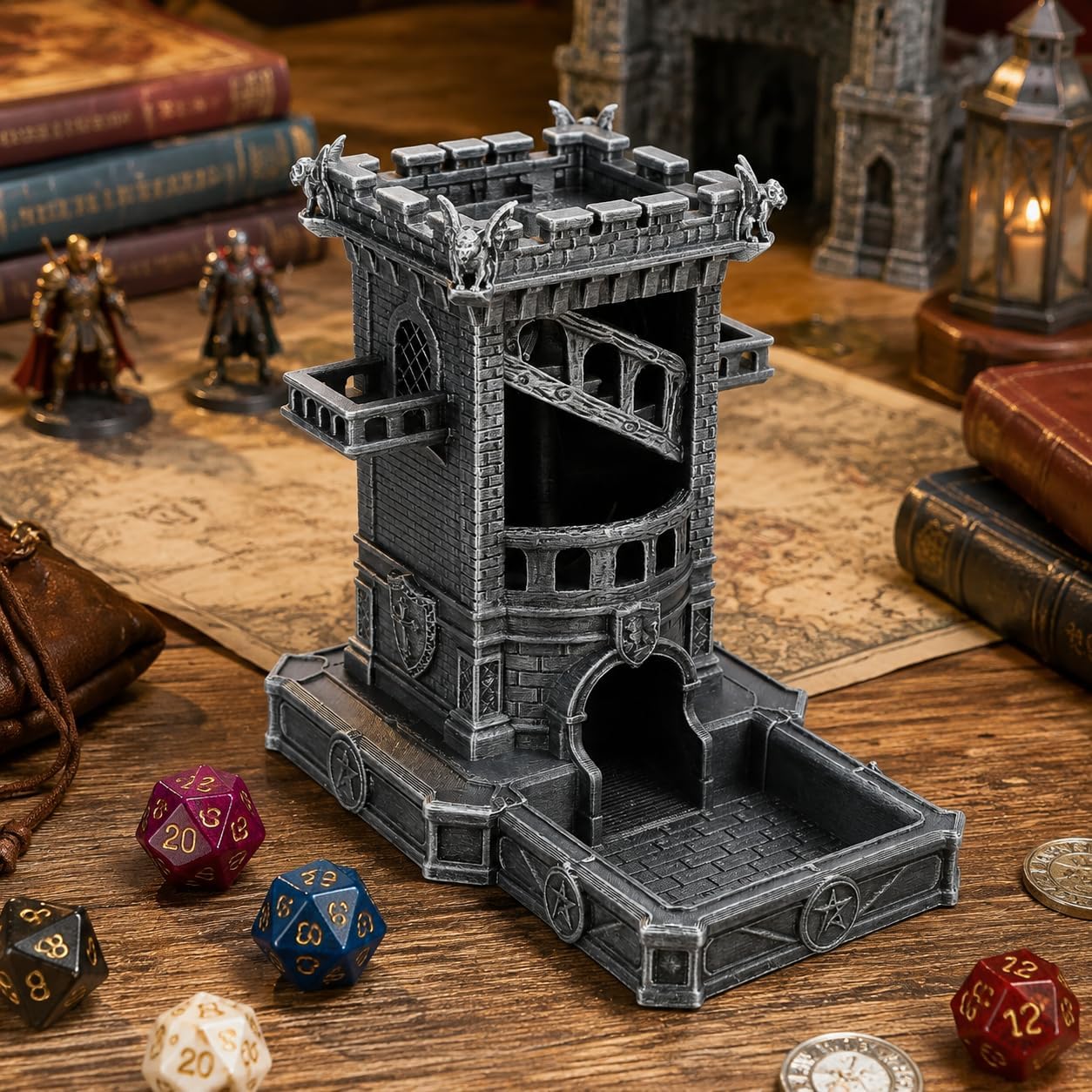 DND Dice Tower with Tray, Medieval Fortress Dice Roller for RPG Games | Hand-painted vintage silver finish with modular snap-fit construction, compatible with most standard polyhedral dice. AF1201A