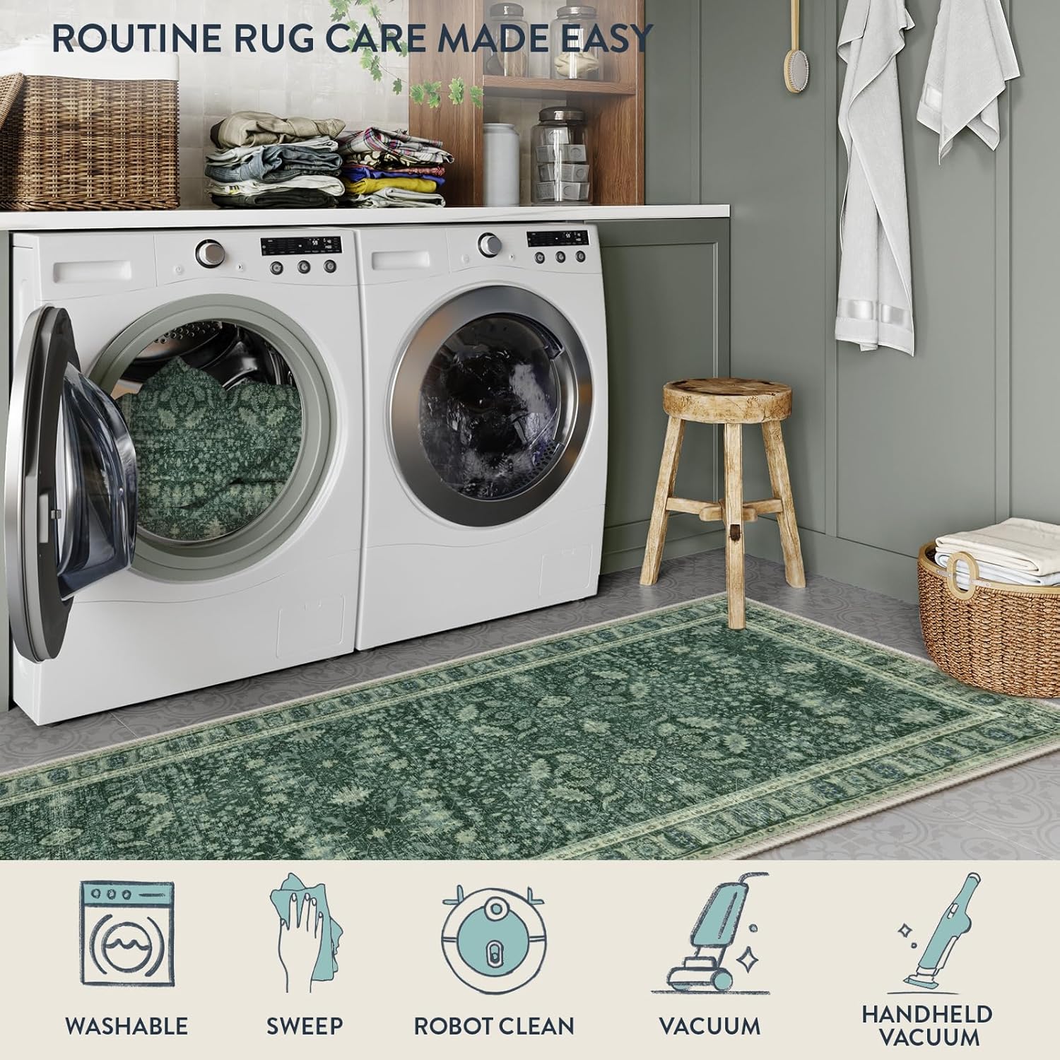 Lahome Vintage 2x5 Green Kitchen Runner Rugs Non Skid Washable, Boho Runner Rug for Hallway with Rubber Backing, Border Printed Carpet Runners for Bathroom Entryway Laundry (2x5ft,Green)