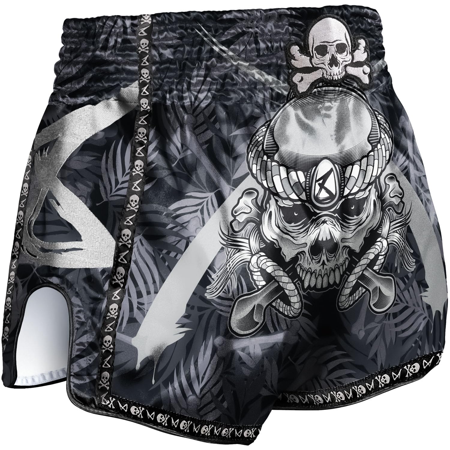 8 WEAPONS Muay Thai Shorts Bone Island, Schwarz, Kickboxhose für Training & Wettkampf, Thaibox Shorts Satin, Atmungsaktiv, Langlebig, Kampfsporthose für MMA, K1, Boxen, Thai Boxen