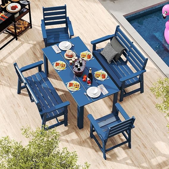GREENVINES Outdoor Bench, 2-Person HDPE Garden Benches, Blue