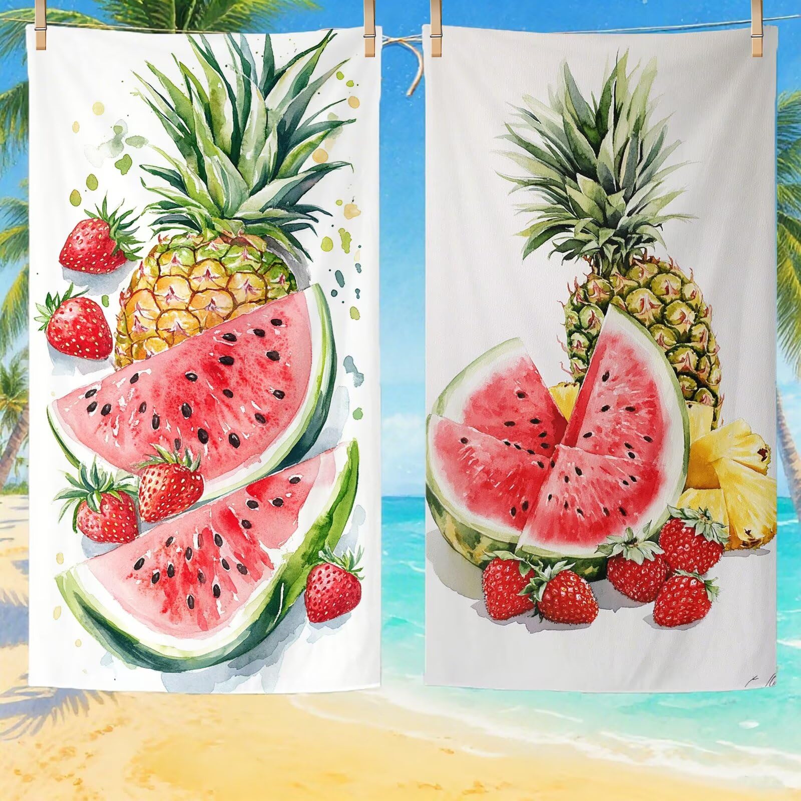 Serviette de Plage Microfibre Serviette Plage 80x180 2 Pack Séchage Rapide, Anti-Sable, Absorbante Fonction Drap de Plage XXL pour Bain, Sport, Voyages, Sauna, Piscine, Yoga, avec Sac Pastèque Q-804
