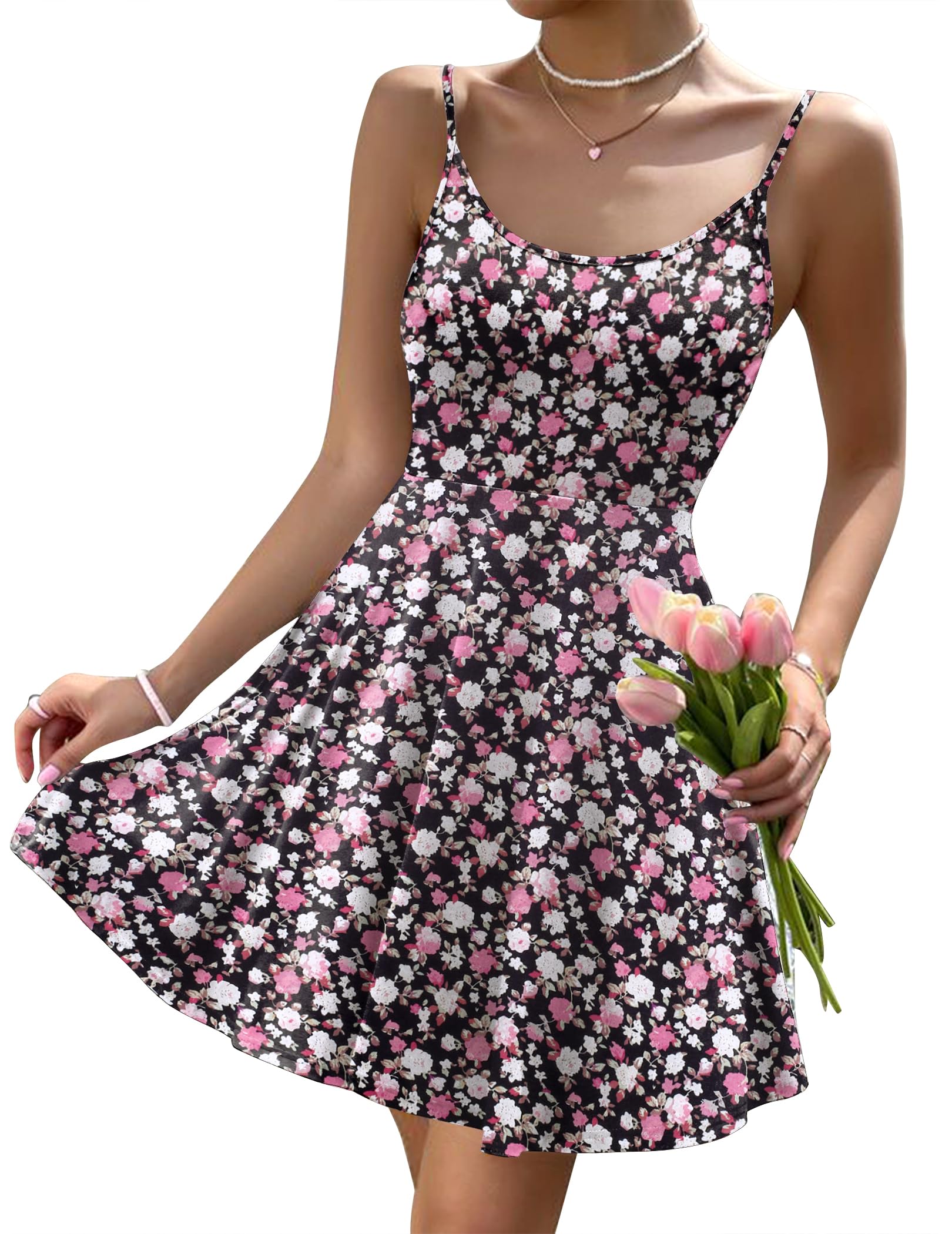 HOTOUCH Women's Summer Dress Adjustable Spaghetti Strap Floral Mini Casual Dress with Pockets Fit & Flare Beach Sundress