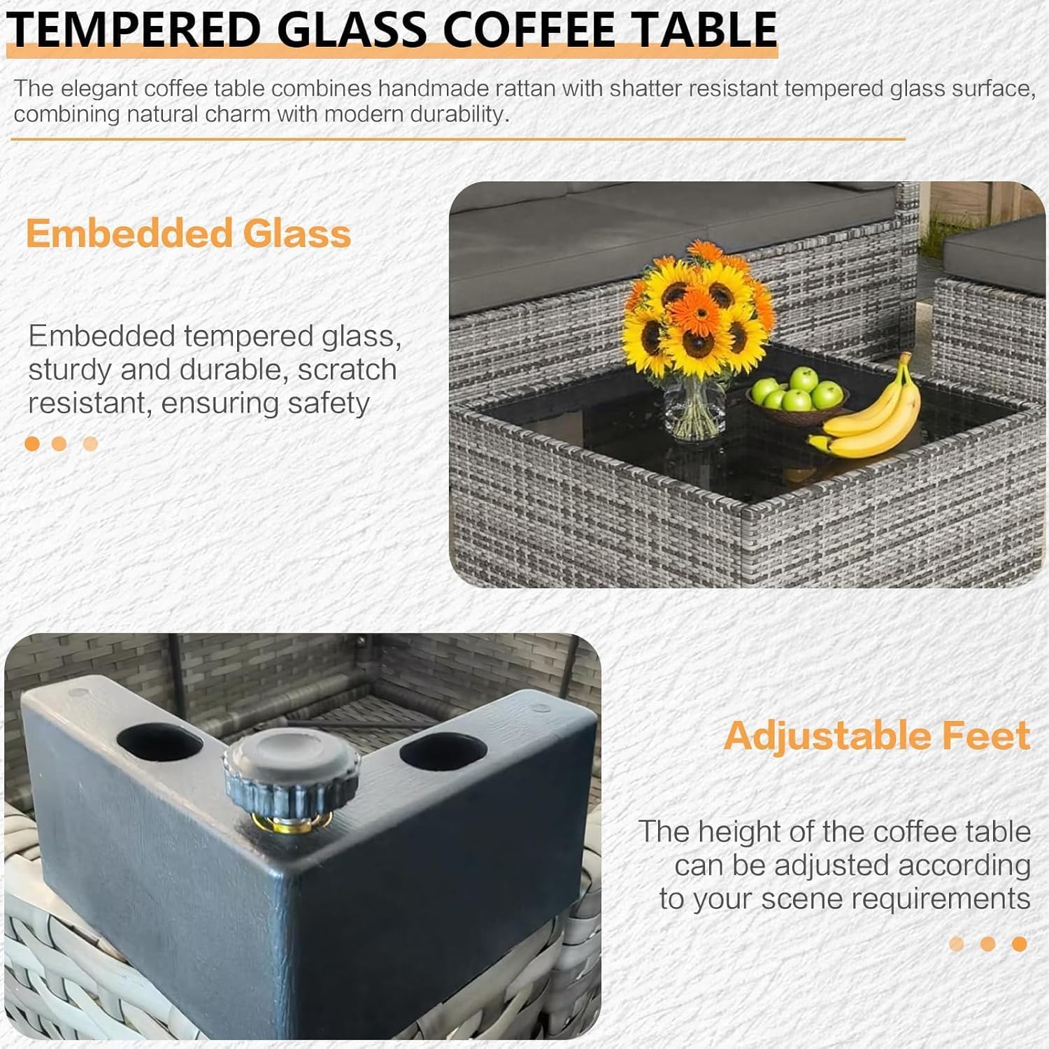 MOCHITO 7 Pieces Outdoor Patio Furniture Sets, All-Weather Sectional Sofa Grey PE Rattan Wicker Conversation Set with Glass Table and Washable Grey Cushions for Backyard,Sunroom,Garden,Porch