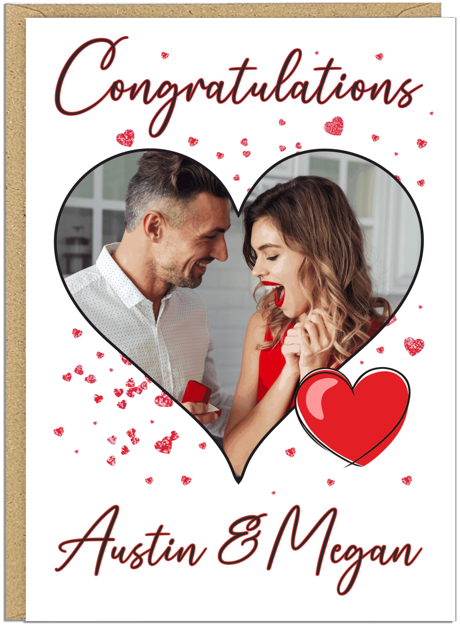 Couples Personalised Engagement Photo Cards - Colour Choice and Own Text Custom Heart Photo Upload Congratulations Card - For Him For Her Celebration Keepsake Engaged Gift, Red