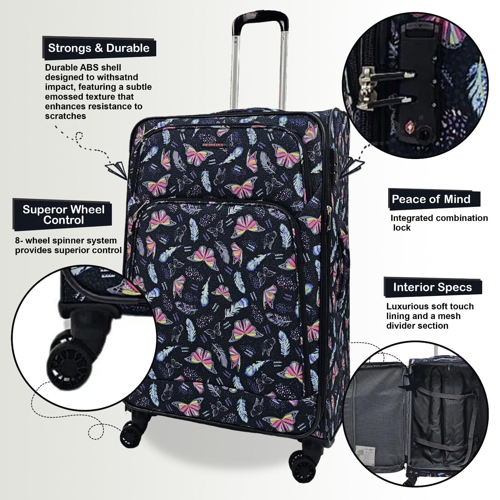 Infinity Leather 3 szt. lekkich walizek na 8 kółek bagaż podróżny miękkie torby, Motyl, Cabin 18", Bagaż podręczny